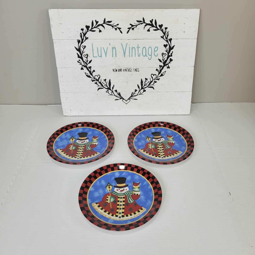 Garden Ridge Snowman Dessert Plates Holiday‎ Appetizer Checkerboard Border